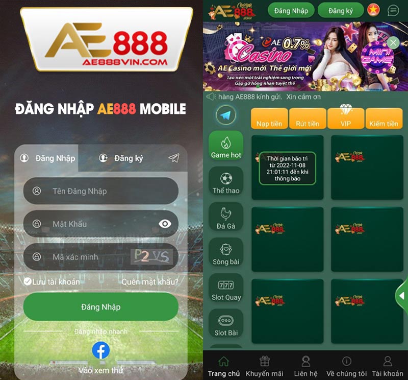 Giao diện đăng nhập trên app AE888